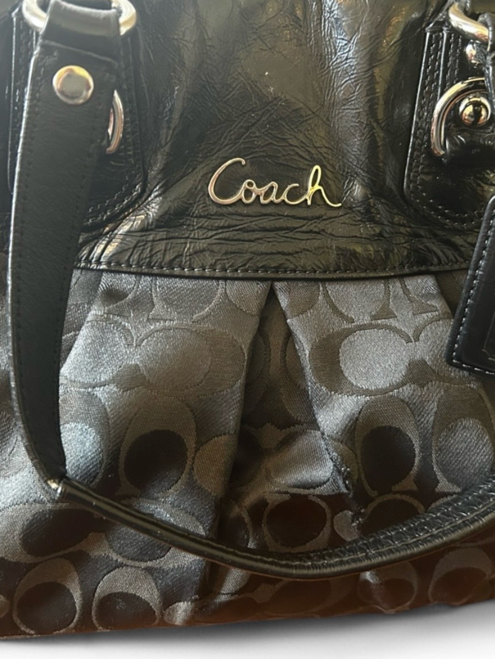 Coach Ashley Signature Black Sateen and Leather Satchel with Silver Hardware - Picture 5 of 11